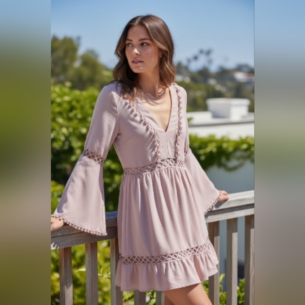 SHEIN Lace Trim Long Sleeve Dress in Light Pink